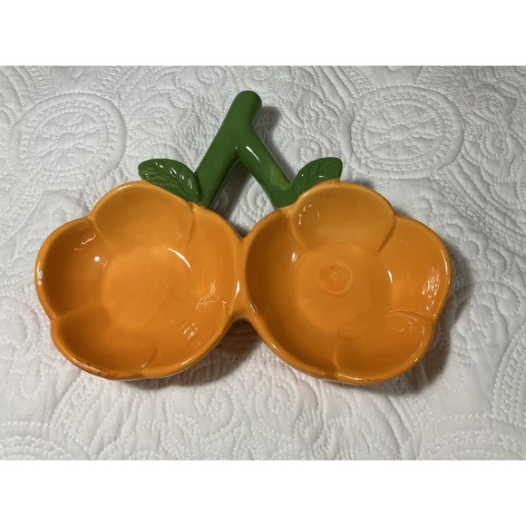 Unmarked Other - Retro MCM Kitsch Orange Ceramic Divided Dish California Pottery Style Whimsical